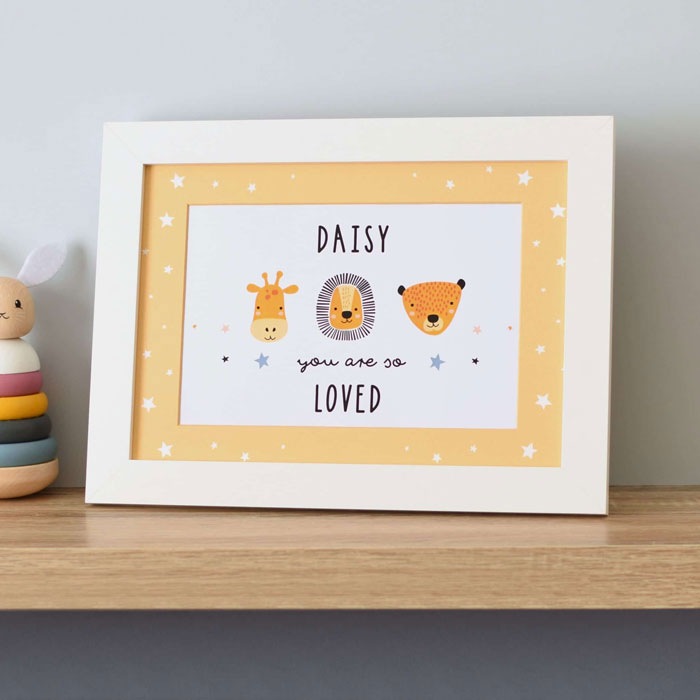  Personalised Scandi Animals A4 Framed Baby Name Print