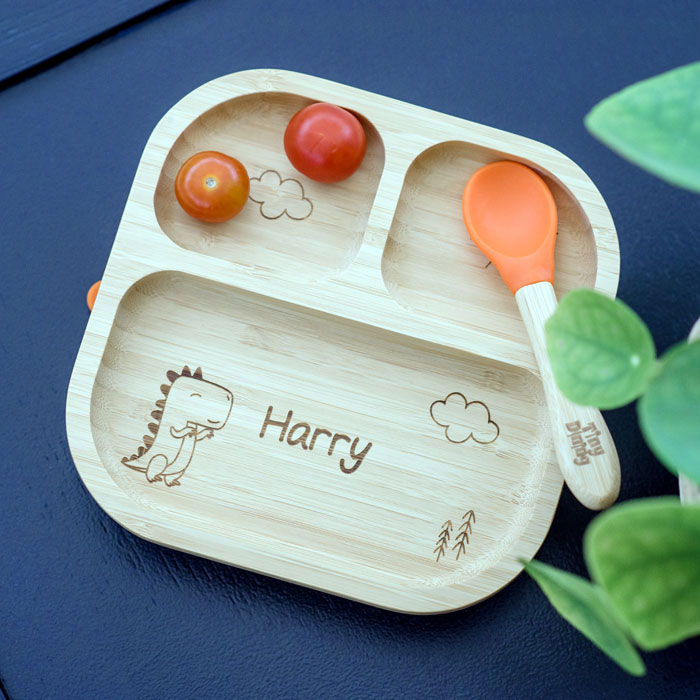 Personalised Dinosaur Bamboo Suction Plate & Spoon Set
