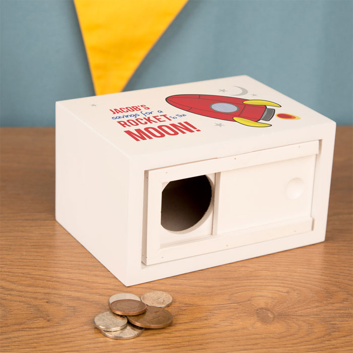 Personalised Wooden Rocket Space Ship Money Box