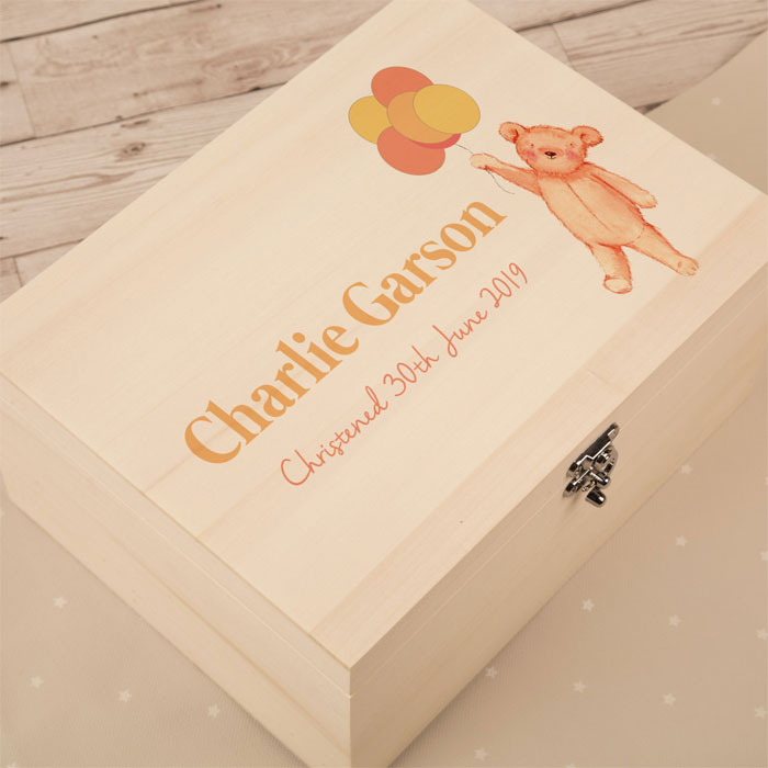 Personalised Teddy With Balloons Wooden Baby Keepsake Box