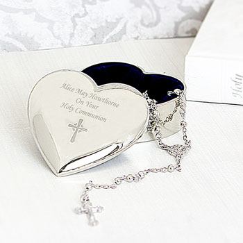 Rosary Beads and Engraved Cross Heart Trinket Box