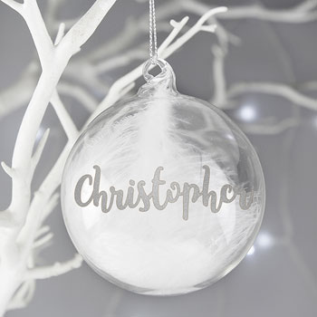 Personalised Glass White Feather Memorial Tree Bauble