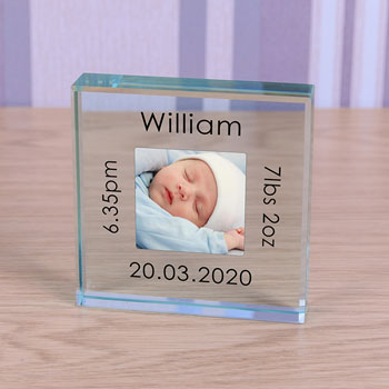 Large Personalised New Baby Glass Photo Keepsake Token