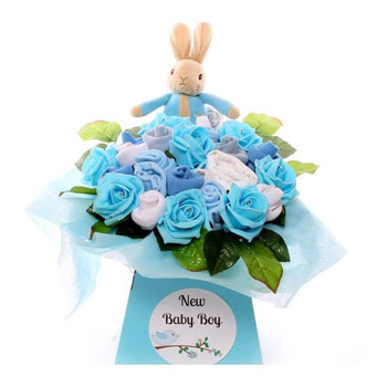 Blue & White Peter Rabbit Jiggle Toy Baby Clothing Bouquet