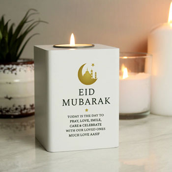 Personalised Eid White Wooden Tea light Holder