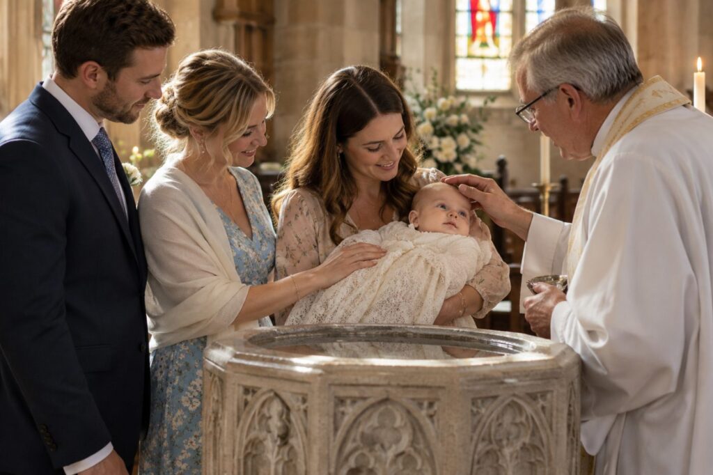 A godmother and godfather standing beside a mother holding her baby at a stone font, the godmother's hand resting on the baby's shawl as the vicar blesses the baby