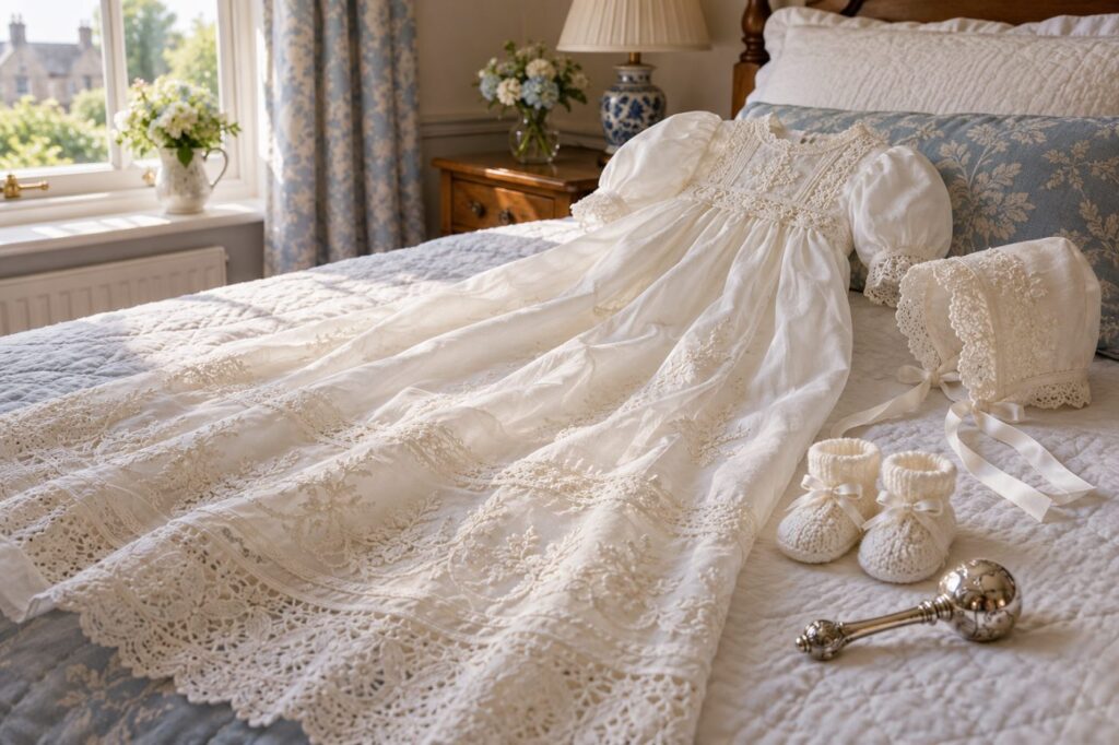 A long white heirloom christening gown and bonnet laid out on a bed beside a small pair of knitted booties and a silver rattle