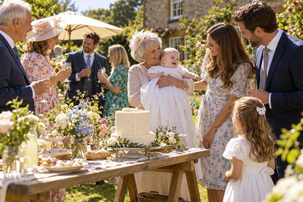 A christening party in a sunny garden, a cake with a white cross on a trestle table, the baby in a grandmother's arms and guests chatting around them