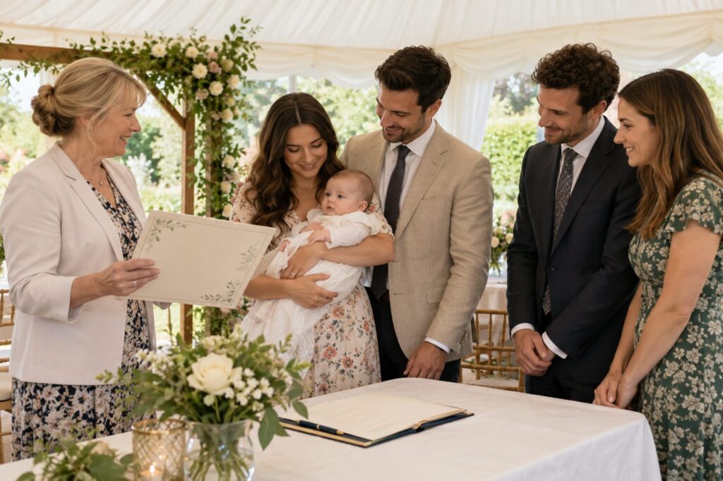 A naming ceremony in a garden marquee, with a celebrant holding a certificate while the parents hold their baby and two guideparents stand beside them ready to sign