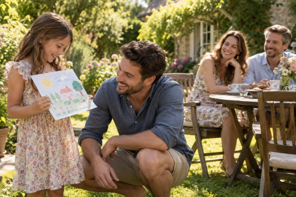 A man crouching on a sunny garden lawn to admire a drawing that a young girl is showing him, while her parents smile from a table set for tea