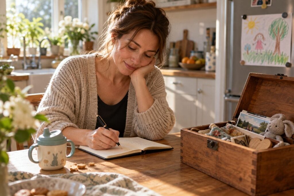 A parent writing a dated note in a small notebook at the kitchen table, with an open wooden memory box beside it and a toddler's drawing on the fridge behind