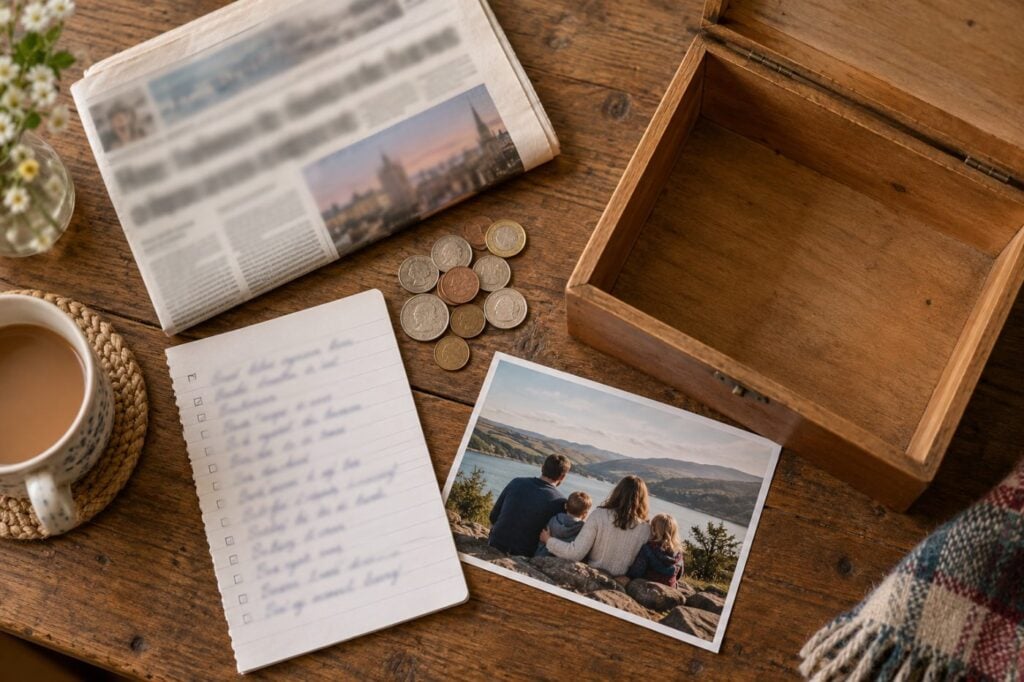 A folded newspaper, a handful of coins, a handwritten list of prices and a printed family photograph laid out on a wooden table beside an open keepsake box