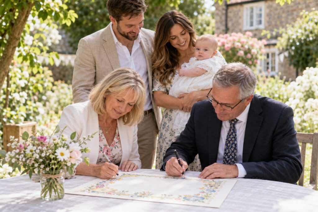 A woman and a man signing a decorated commemorative naming certificate at a garden table while the parents stand behind them holding their baby, a jar of wild flowers beside the pen