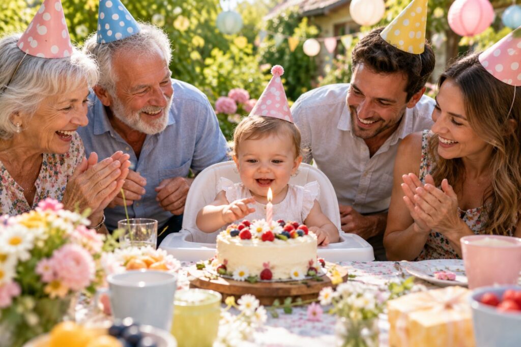 A first birthday party in a garden, a one-year-old in a high chair clapping at a cake with a single candle, the grandparents and parents round the table in spotted party hats