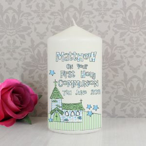 Blue & Green Personalised 1st Holy Communion Church Candle