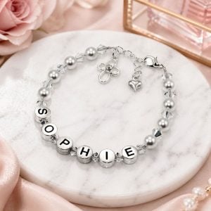 Girl's Personalised Pewter and Pearls Name Bracelet
