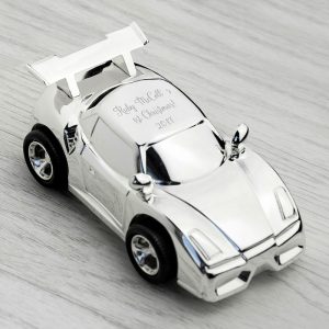 Personalised Engraved Silver Plated Racing Car Money Box