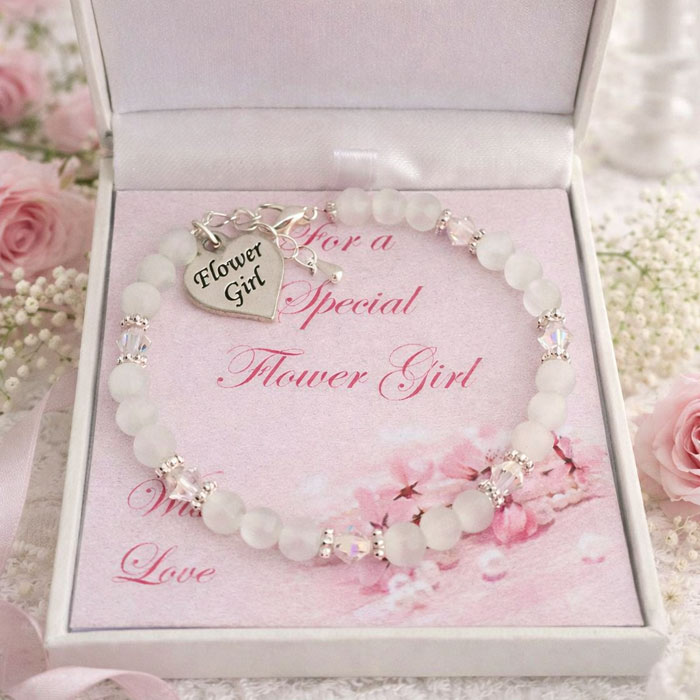 White Cats Eyes Flower Girl Heart Bracelet