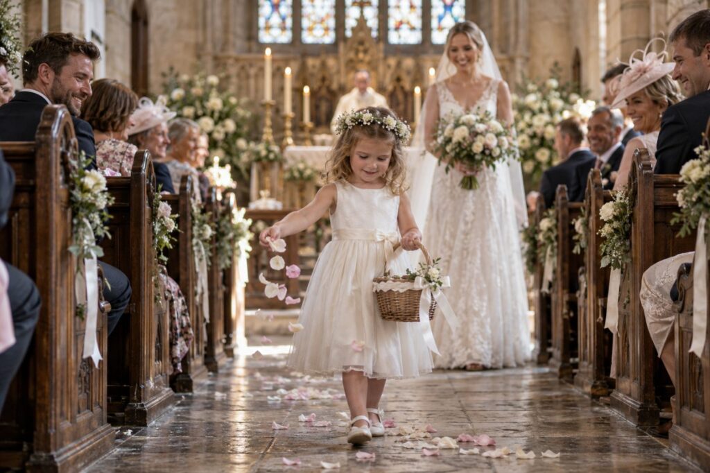 A flower girl of about five walking down a church aisle ahead of the bride, scattering petals from a ribboned basket, with guests smiling from the pews