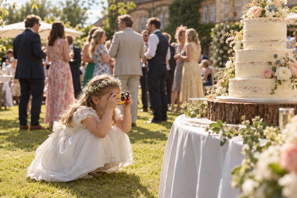 A flower girl of about seven in her dress, crouched on a lawn beside the wedding cake, holding a disposable camera up to her eye, while guests chat in the background