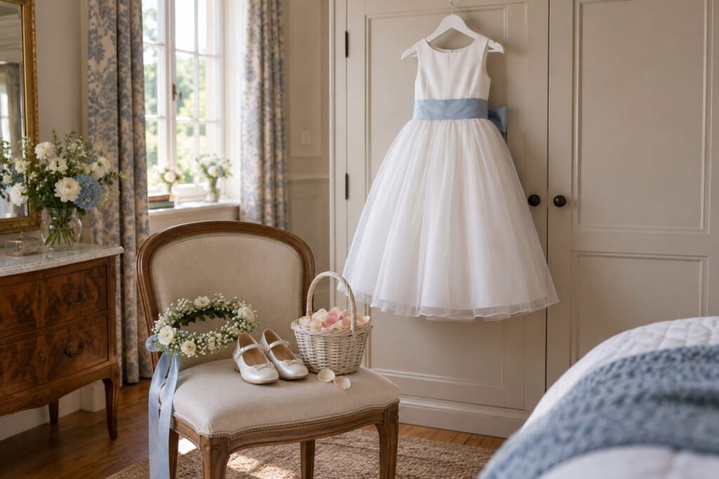 A white flower girl dress with a pale blue sash hanging on a wardrobe door, with a flower crown, white shoes and a small basket of petals on the chair beneath