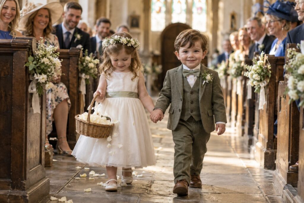 A flower girl and a page boy of about four walking hand in hand up the aisle, she with a basket of petals and he looking straight at the camera