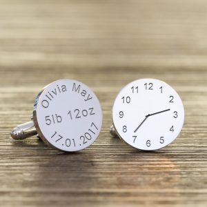 Personalised New Baby Silver Finish Clock Daddy Cufflinks