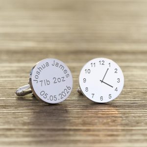 Personalised New Baby Silver Finish Clock Daddy Cufflinks