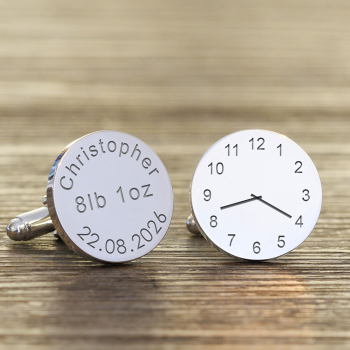 Personalised New Baby Silver Finish Clock Daddy Cufflinks