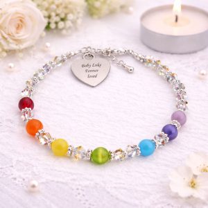 Rainbow Bead Bereavement Bracelet With Engraved Heart