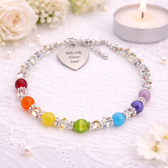 Rainbow Bead Bereavement Bracelet With Engraved Heart