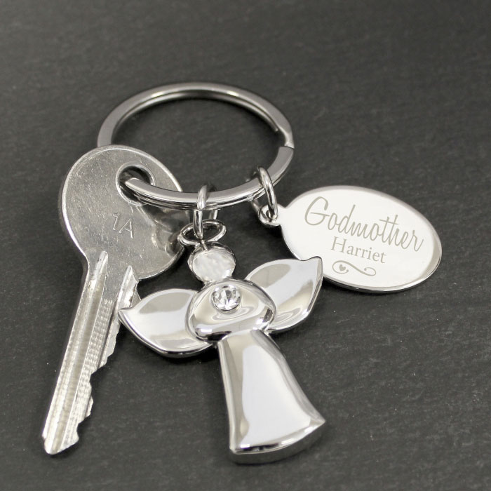 Personalised Silver Plated Godmother Angel Keyring