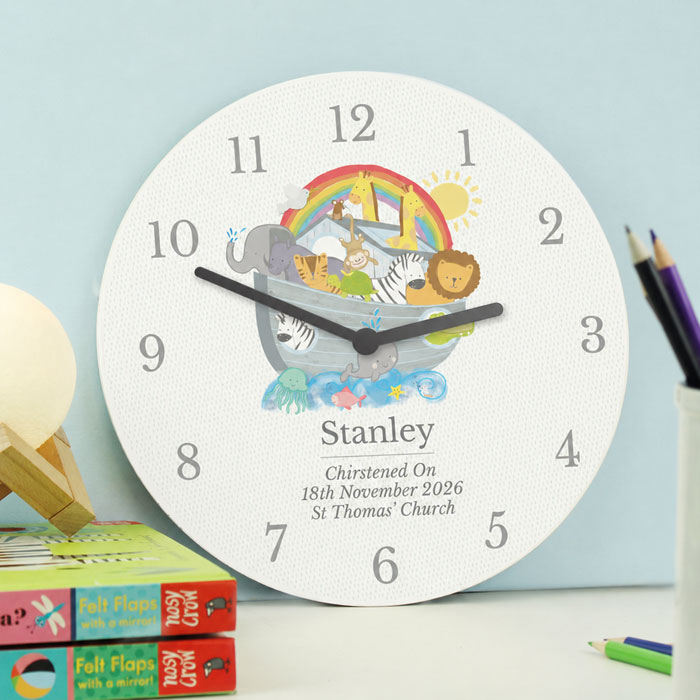 Personalised Noah's Ark White Wooden Baby Christening Clock