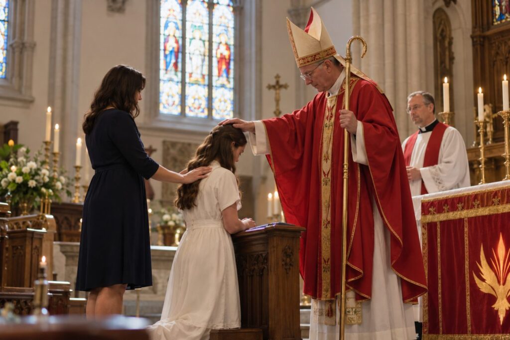 A bishop in red vestments and a mitre laying his hand on the head of a teenage girl kneeling at a prayer desk at her confirmation, her sponsor standing beside her with a hand on her shoulder