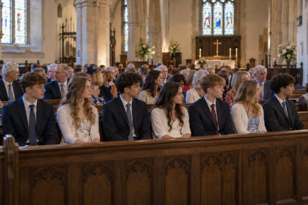 A row of smartly dressed young people sitting in a front pew of a church, waiting for a confirmation service to begin, with their families in the pews behind