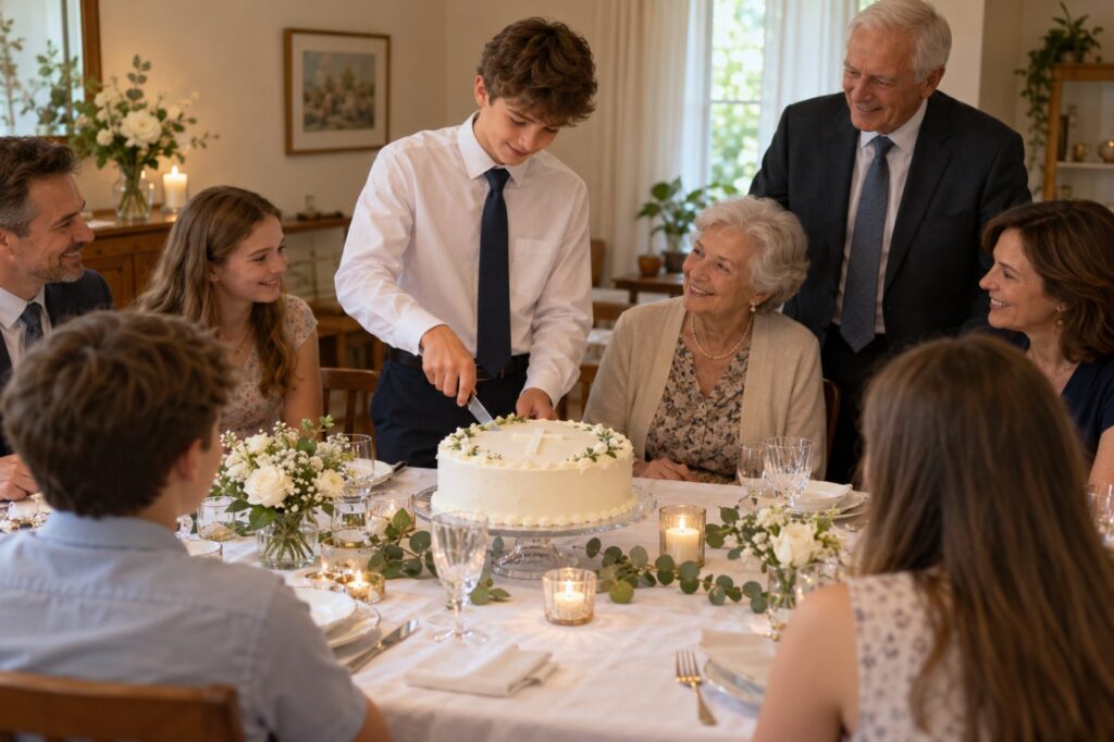 A family gathered round a dining table at home after a confirmation, a cake with a white cross in the middle, a teenage boy in a shirt and tie cutting it while his grandmother looks on