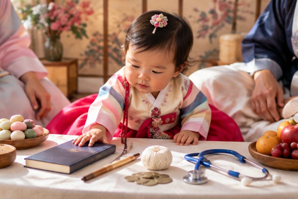 A one-year-old in traditional Korean dress sitting at a low table laden with rice cakes and fruit, reaching for a book among the objects laid out in front of them