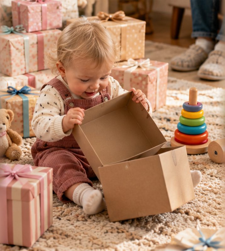 A one-year-old sitting on the floor surrounded by birthday presents, happily playing with an empty gift box while the new toy sits ignored beside them