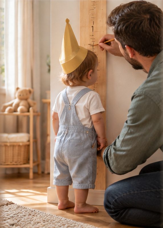 A father kneeling to mark a toddler's height on a wooden height chart on a nursery wall, the toddler standing very straight with a party hat on