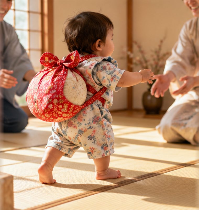 A Japanese toddler standing on tatami mats with a large round rice cake wrapped in a cloth tied to their back, parents kneeling either side with their arms out