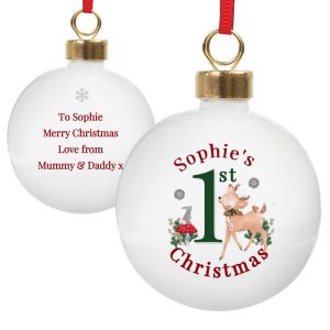 Kids Personalised 1st Christmas Festive Fawn Ceramic Bauble