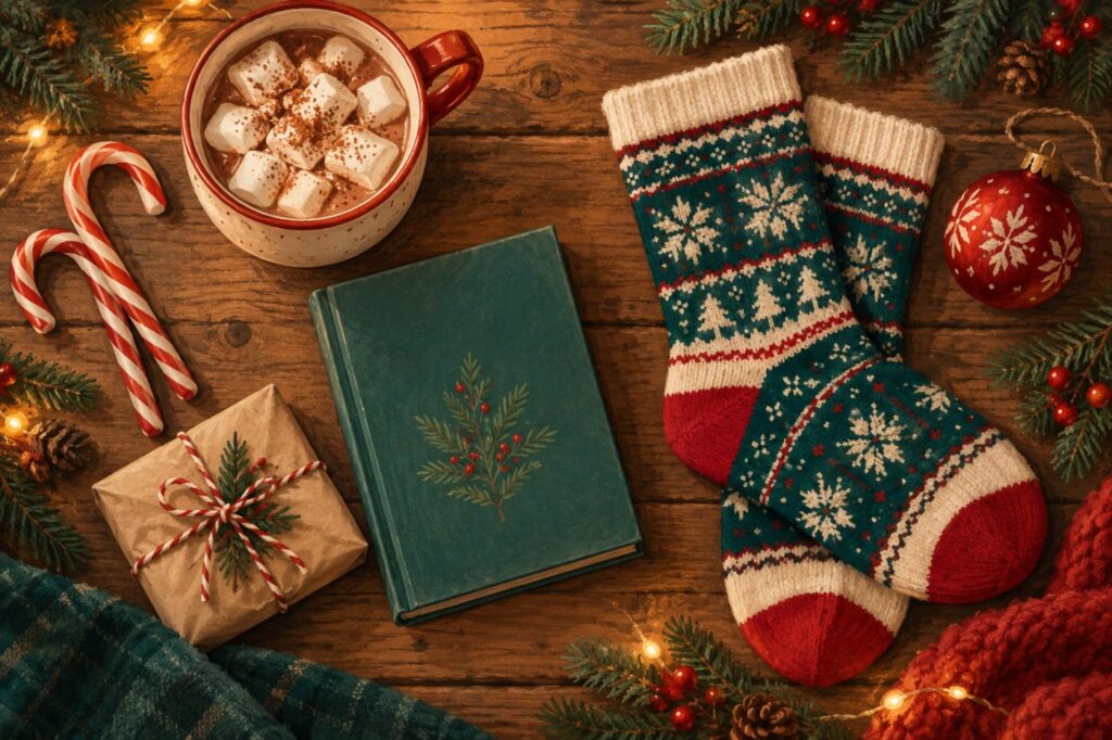 Simple Christmas Eve box fillers laid out on a wooden table: candy canes, hot chocolate, Christmas socks, a storybook and a bauble