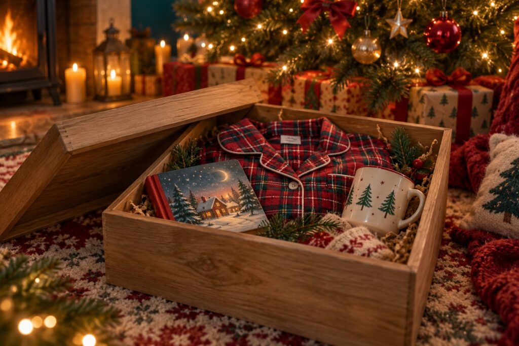 An open wooden Christmas Eve box on a rug by the tree, holding folded pyjamas, a mug and a storybook