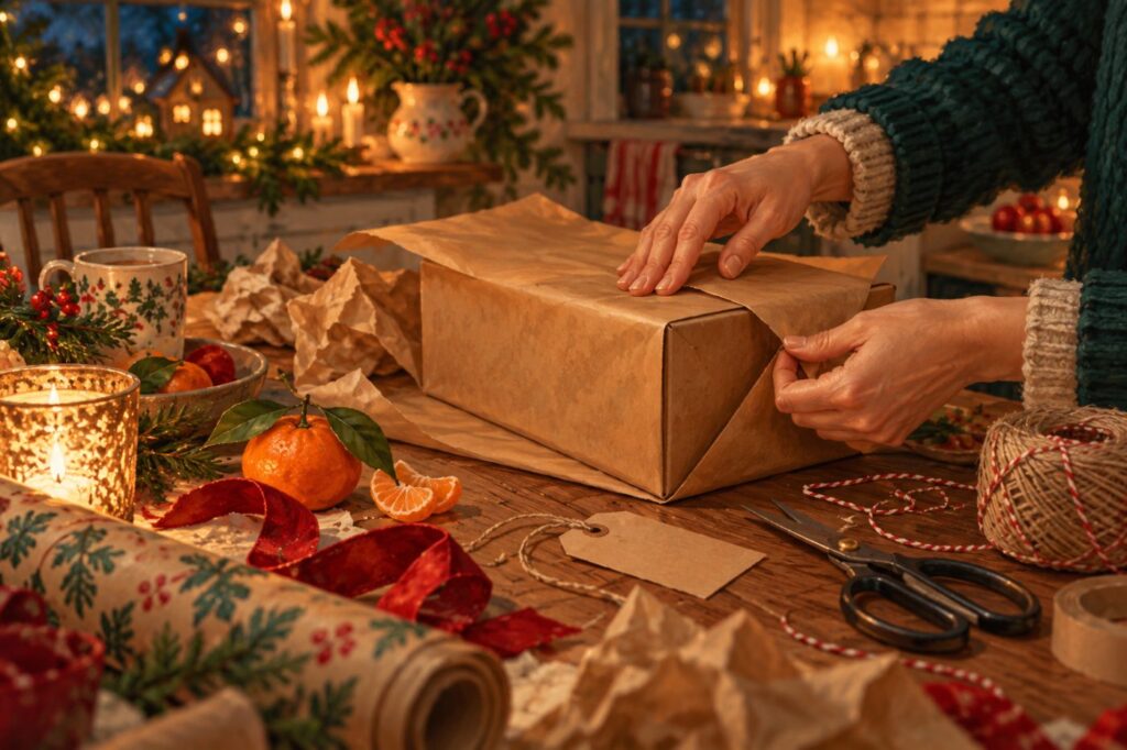 Hands wrapping a shoebox in brown paper at a kitchen table, with a luggage tag, scissors, string and a satsuma