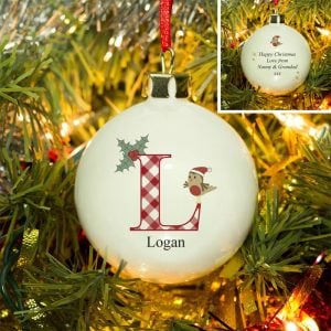Personalised Initial Robin Bone China Christmas Tree Bauble