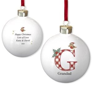 Personalised Initial Robin Bone China Christmas Tree Bauble