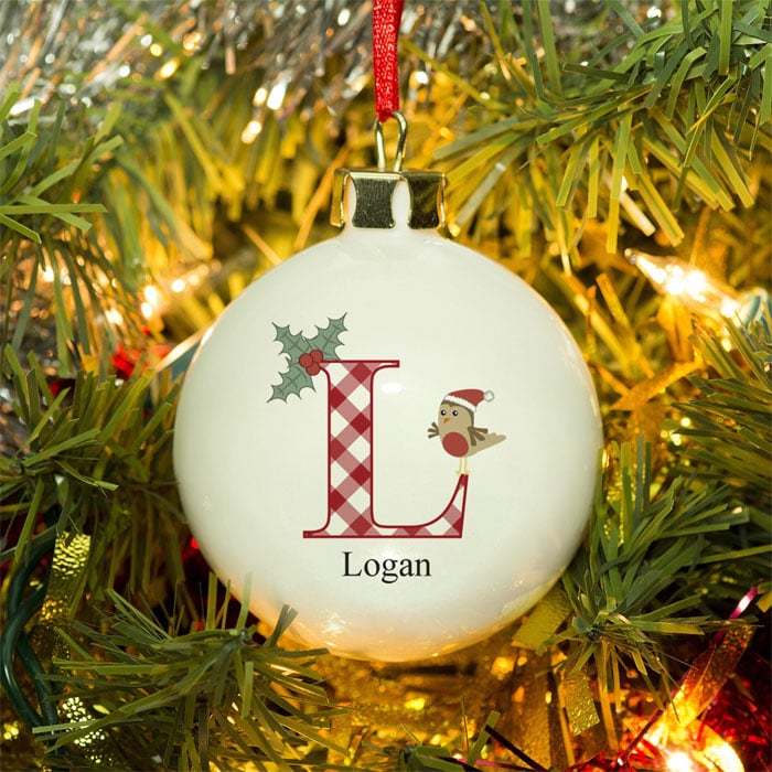 Personalised Initial Robin Bone China Christmas Tree Bauble