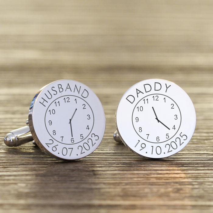 Personalised Silver Finish Husband Daddy Clock Cufflinks