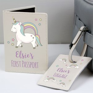 Personalised Baby Unicorn Passport Holder & Luggage Tag Set