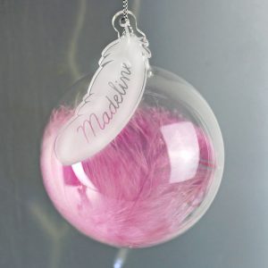 Personalised Pink Feather Glass Baby Memorial Tree Bauble